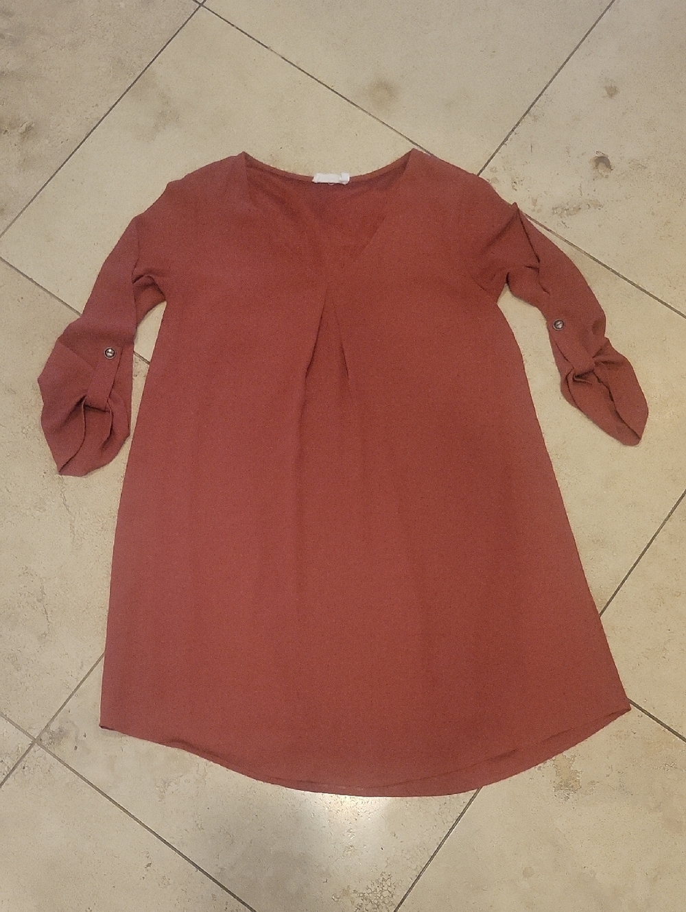 Lush Rust/Terracotta V-Neck Roll-Sleeve Tunic Dress